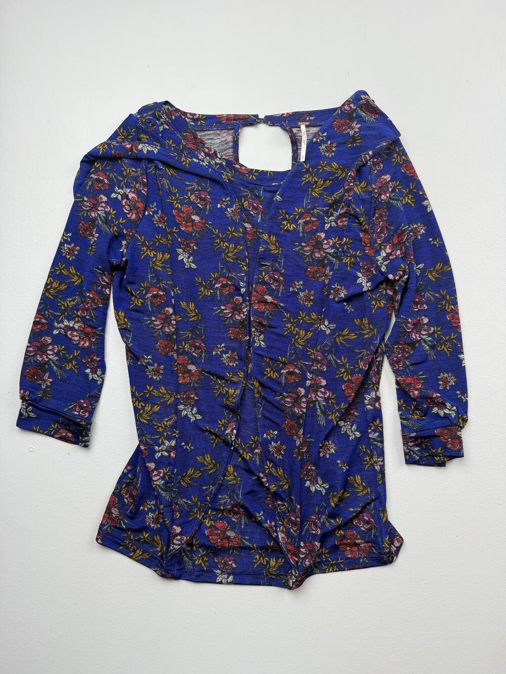 Free People Shirt Womens S Blue Scoop Neck 3/4 Sleeve Floral Print Jersey Top